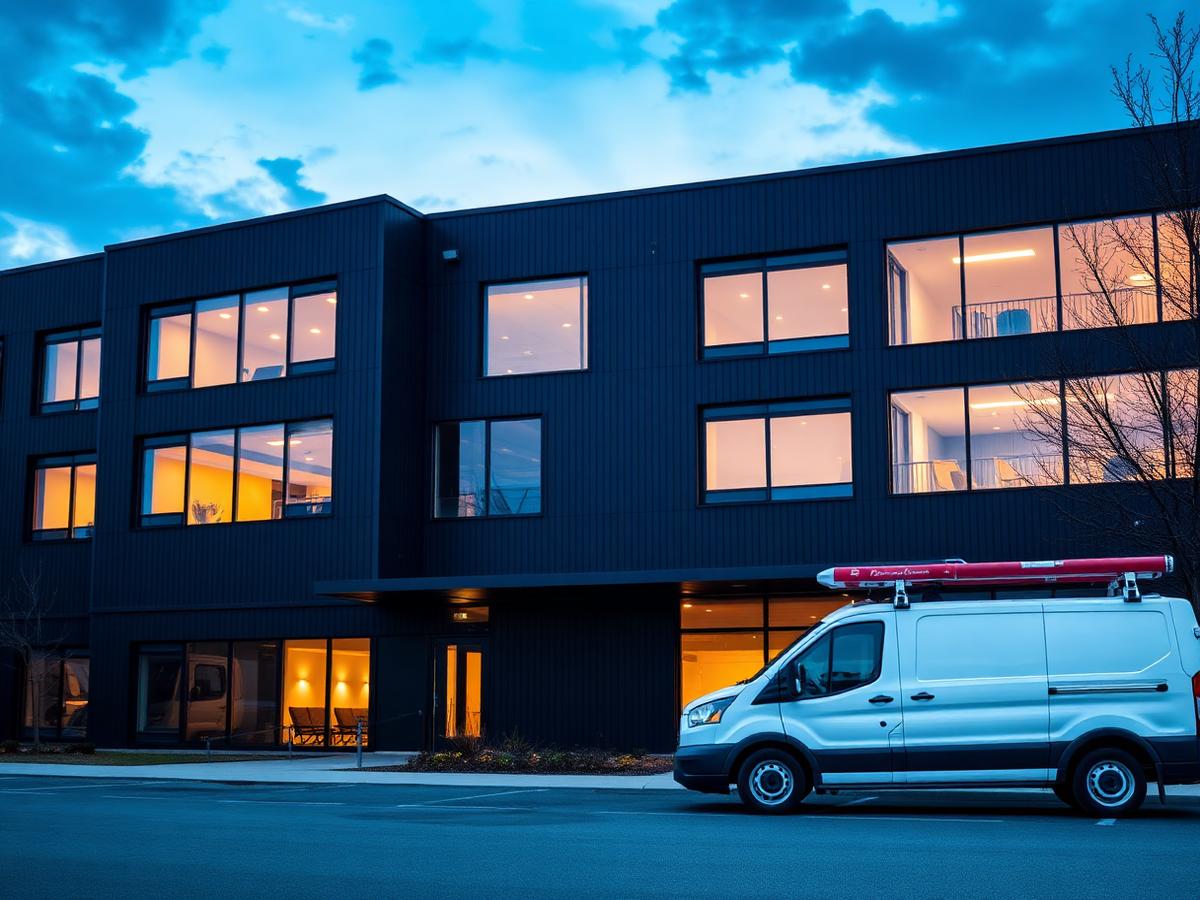 Access Automate service van outside a modern commercial building